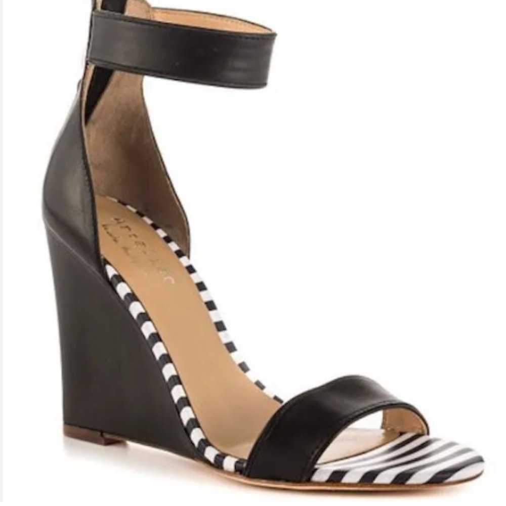 Nicole Miller Galapogas Black Stripe Open Toe Wedge Leather Sandals